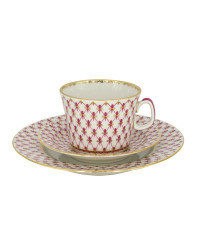 LOMONOSOV IMPERIAL PORCELAIN TEACUP TRIO YOUTH RED NET 210 ML 7.1 OZ