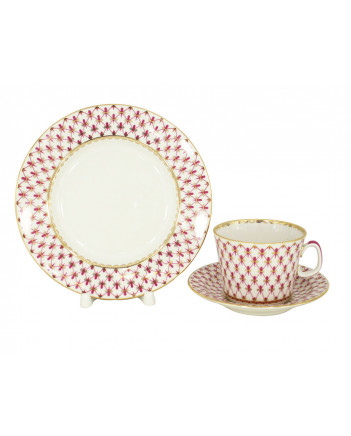 LOMONOSOV IMPERIAL PORCELAIN TEACUP TRIO YOUTH RED NET 210 ML 7.1 OZ