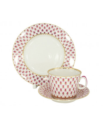LOMONOSOV IMPERIAL PORCELAIN TEACUP TRIO YOUTH RED NET 210 ML 7.1 OZ