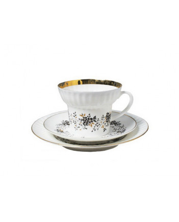 LOMONOSOV IMPERIAL BONE CHINA PORCELAIN ESPRESSO CUP, SAUCER AND PLATE WAVE TINY BRANCHES 155 Ml/5.2 Fl.Oz