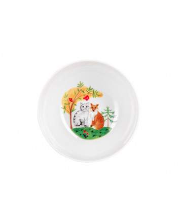 LOMONOSOV IMPERIAL PORCELAIN BABY SET 3PC: CUP, PLATE AND BOWL CAT AND FOX FAIRYTALY