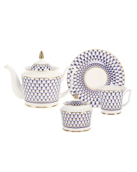 LOMONOSOV IMPERIAL BONE CHINA PORCELAIN TEA SET SERVICE COBALT NET YULIA 14 items
