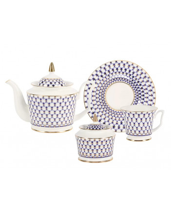 LOMONOSOV IMPERIAL BONE CHINA PORCELAIN TEA SET SERVICE COBALT NET YULIA 14 items