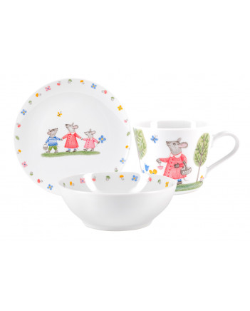 LOMONOSOV IMPERIAL PORCELAIN BABY SET 3PC: CUP, PLATE AND BOWL WALK FOR MUSHROOMS