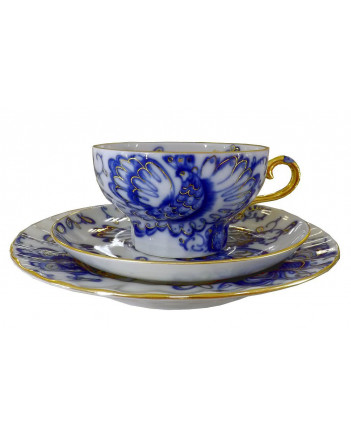LOMONOSOV IMPERIAL PORCELAIN TEACUP TRIO SINGING GARDEN 