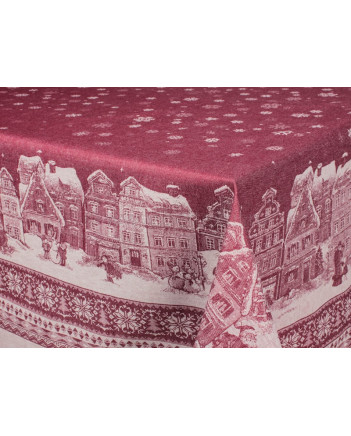 TABLECLOTH NATURAL LINEN COTTON FLAX  BURGUNDY WINTER CITY 200x150 cm/ 79x59"